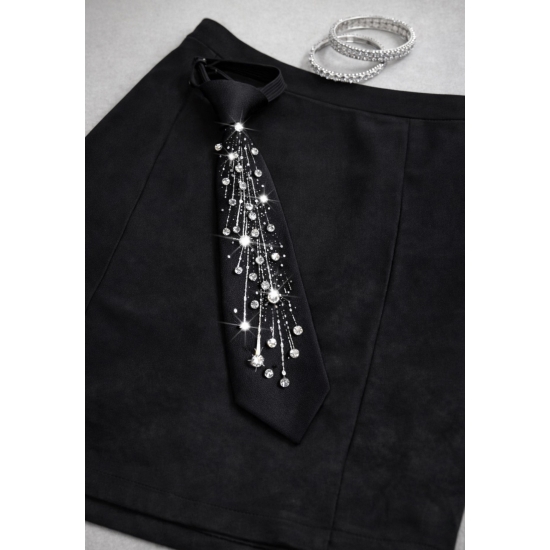 Czarny krawat z kryształowymi zdobieniami – luksusowy akcent stylizacji